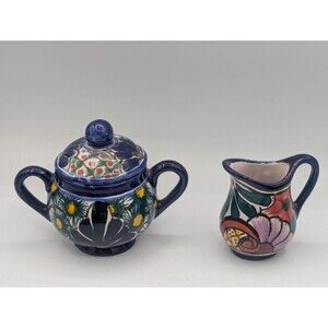 Mexican Talavera Cream & Sugar Bowl with Lid Hand Painted